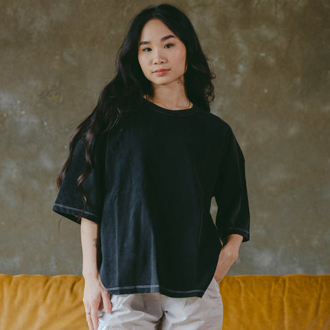 Staples Boxy Tee in Acid-wash Black & Contrast Stitch